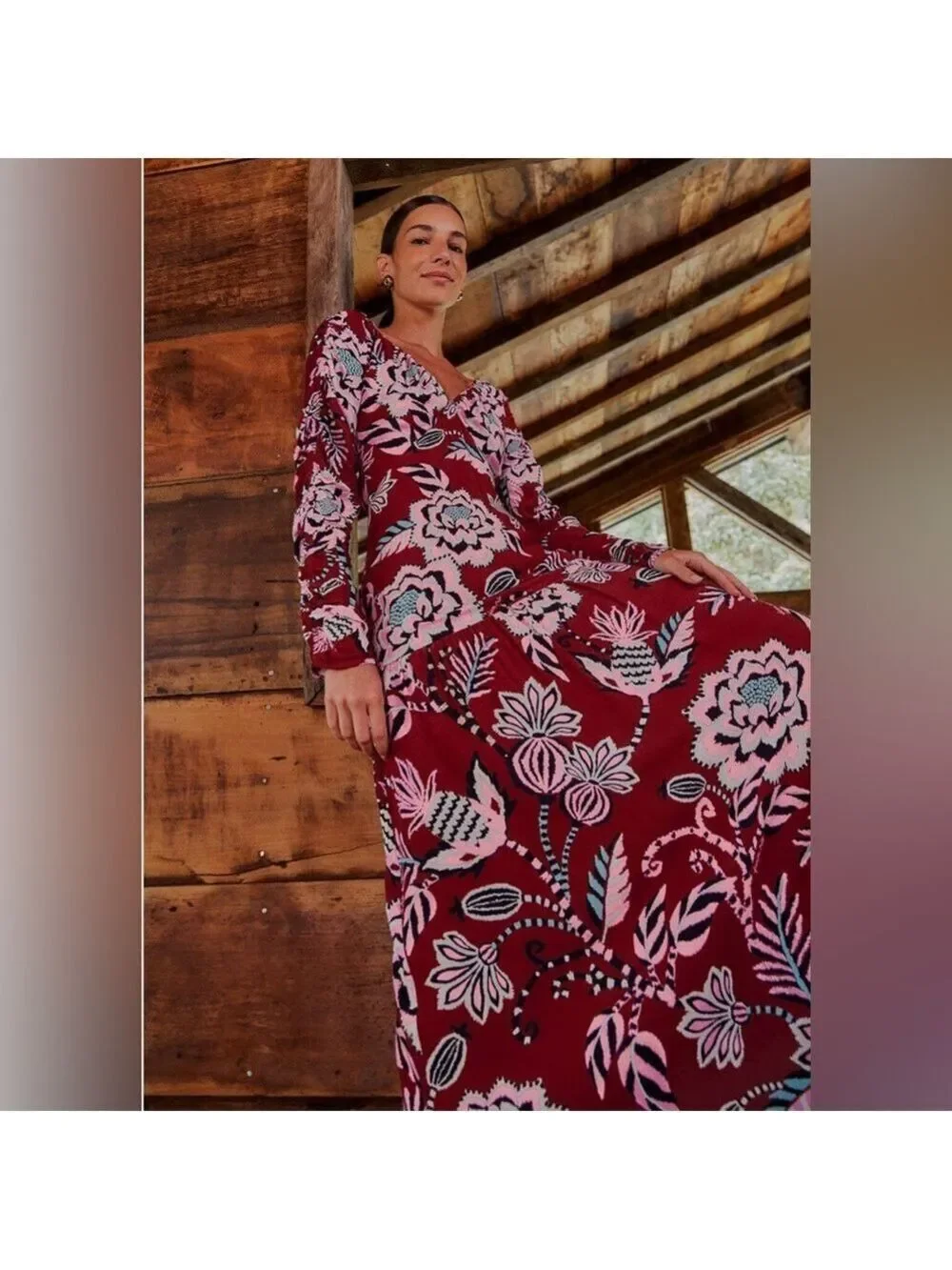 Farm Rio Burgundy Pineapple Inspiration V Neck Maxi Dress